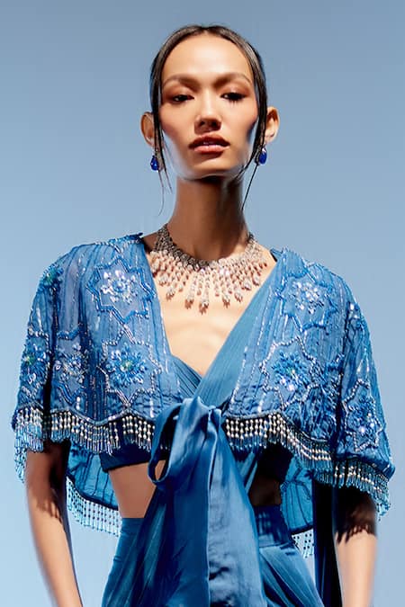 Shop_Miku Kumar_Blue Georgette, Organza Sequins, Beads Embroidered Cape Pre-draped Saree Set _Online_at_Aza_Fashions