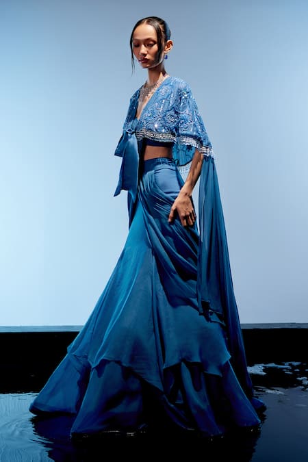 Miku Kumar_Blue Georgette, Organza Sequins, Beads Embroidered Cape Pre-draped Saree Set _at_Aza_Fashions