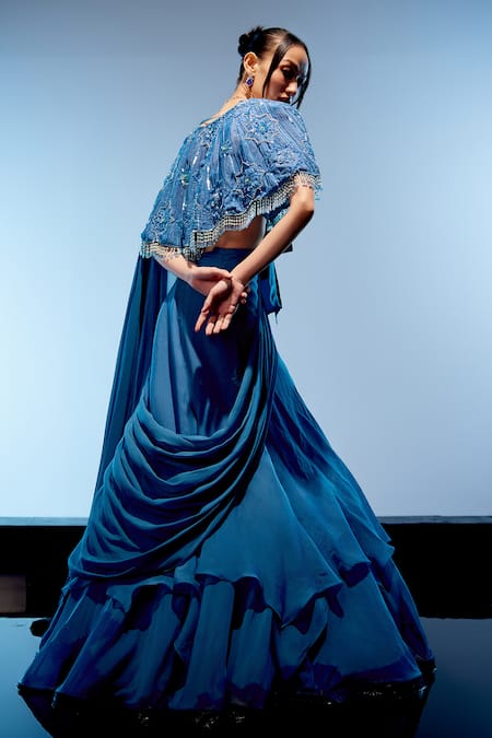 Buy_Miku Kumar_Blue Georgette, Organza Sequins, Beads Embroidered Cape Pre-draped Saree Set 