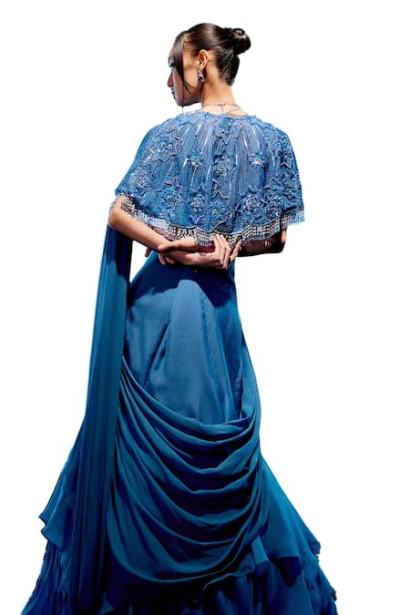 Shop_Miku Kumar_Blue Georgette, Organza Sequins, Beads Embroidered Cape Pre-draped Saree Set 