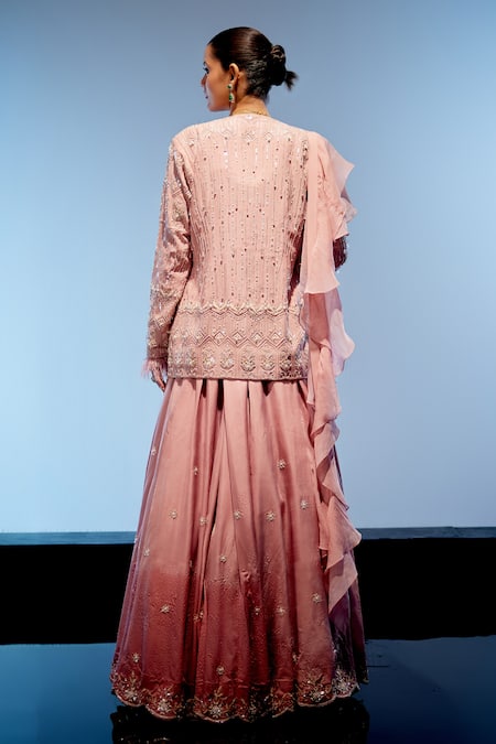 Shop_Miku Kumar_Peach Organza, Satin, Georgette Sequins, Beads, Embroidered Jacket Lehenga Set _at_Aza_Fashions
