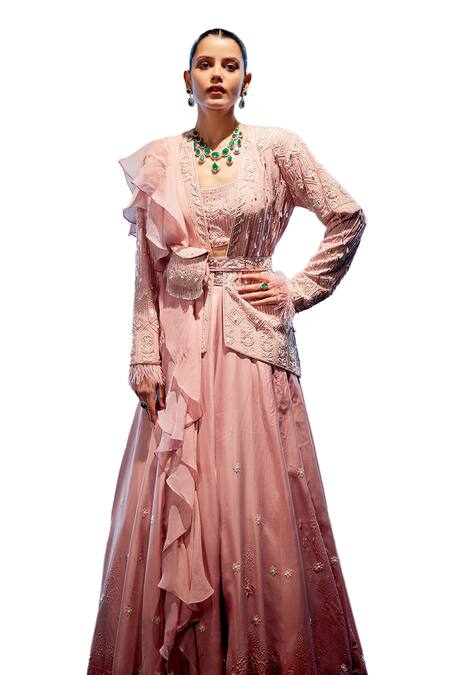 Buy_Miku Kumar_Peach Organza, Satin, Georgette Sequins, Beads, Embroidered Jacket Lehenga Set _Online_at_Aza_Fashions