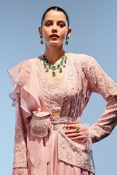 Shop_Miku Kumar_Peach Organza, Satin, Georgette Sequins, Beads, Embroidered Jacket Lehenga Set _Online_at_Aza_Fashions