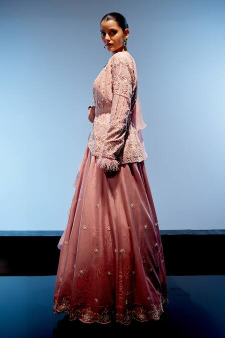 Miku Kumar_Peach Organza, Satin, Georgette Sequins, Beads, Embroidered Jacket Lehenga Set _at_Aza_Fashions