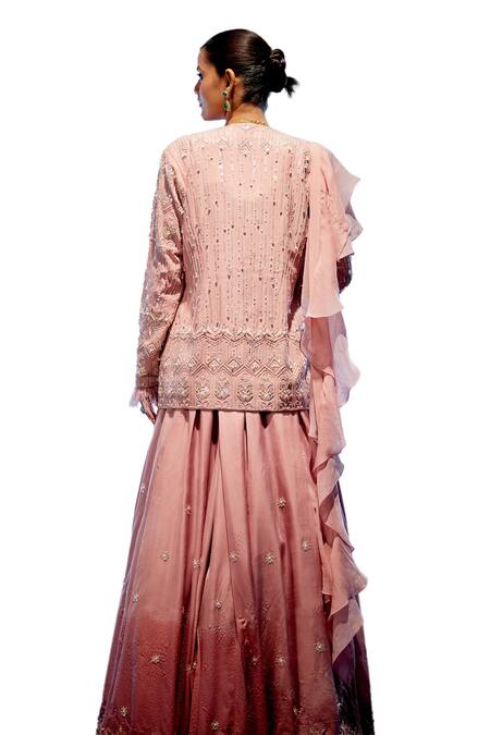 Buy_Miku Kumar_Peach Organza, Satin, Georgette Sequins, Beads, Embroidered Jacket Lehenga Set 