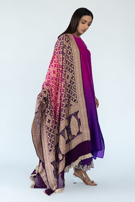 Meghna Panchmatia_Magenta Silk Embroidery, Zari Pure Ombre Kurta With Banarasi Bandhej Dupatta _Online_at_Aza_Fashions