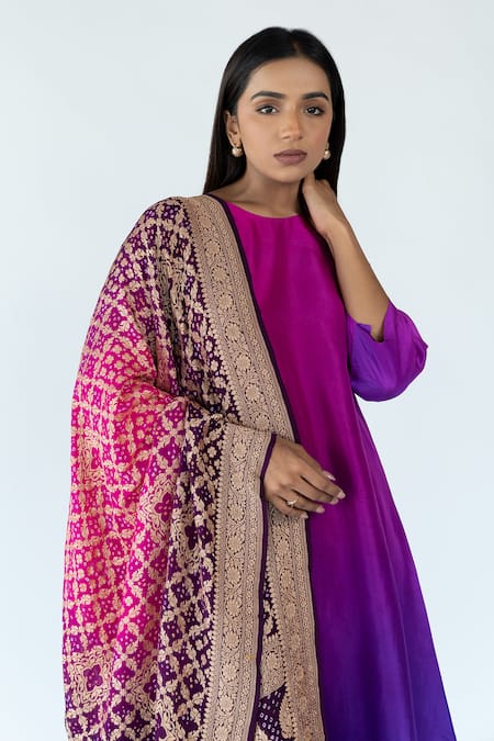 Buy_Meghna Panchmatia_Magenta Silk Embroidery, Zari Pure Ombre Kurta With Banarasi Bandhej Dupatta _Online_at_Aza_Fashions