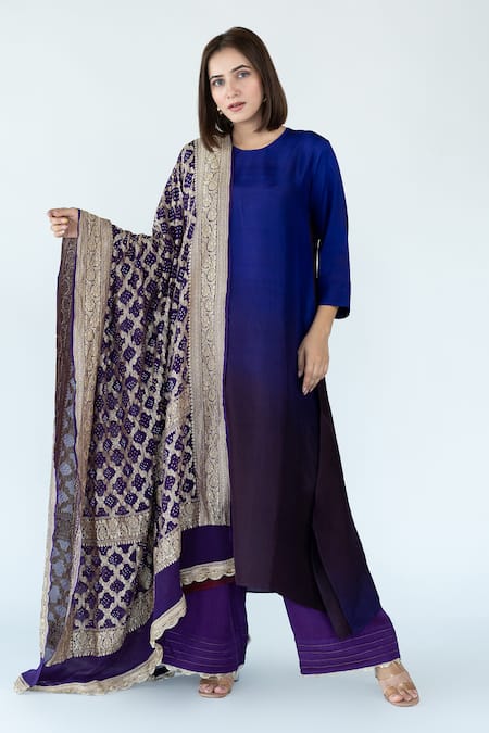 Meghna Panchmatia Purple Pure Silk Woven Bandhej Round Ombre Kurta With Zari Banarasi Dupatta 