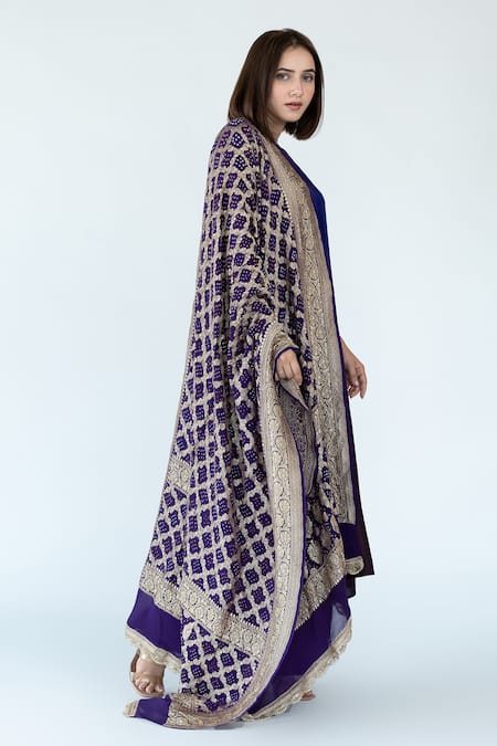 Meghna Panchmatia_Purple Silk Embroidery, Zari Round Neck Ombre Kurta With Banarasi Dupatta _Online_at_Aza_Fashions