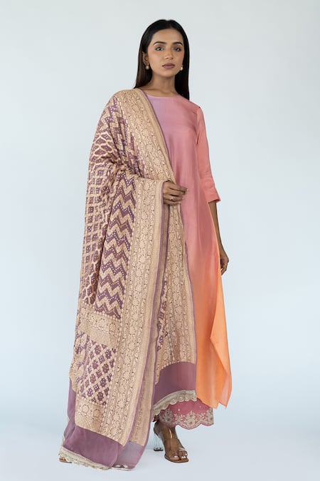 Meghna Panchmatia Asymmetric Ombre Kurta With Woven Zari Dupatta 