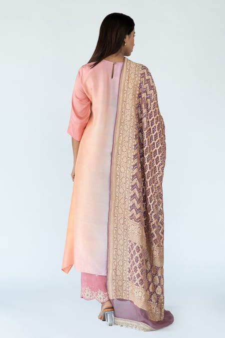 Meghna Panchmatia Asymmetric Ombre Kurta With Woven Zari Dupatta 