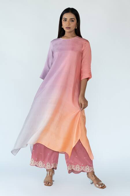 Meghna Panchmatia_Grey Silk Zari, Embroidery Round Neck Asymmetric Ombre Kurta With Woven Dupatta _Online_at_Aza_Fashions