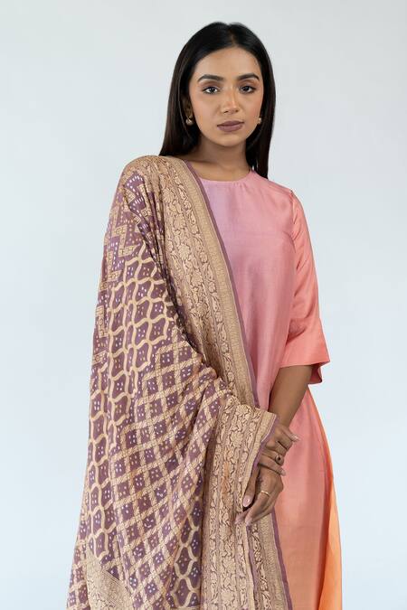 Buy_Meghna Panchmatia_Grey Silk Zari, Embroidery Round Neck Asymmetric Ombre Kurta With Woven Dupatta _Online_at_Aza_Fashions