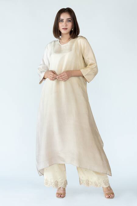Shop_Meghna Panchmatia_Ivory Silk Embroidery, Zari Round Neck Asymmetric Kurta With Woven Dupatta _Online_at_Aza_Fashions
