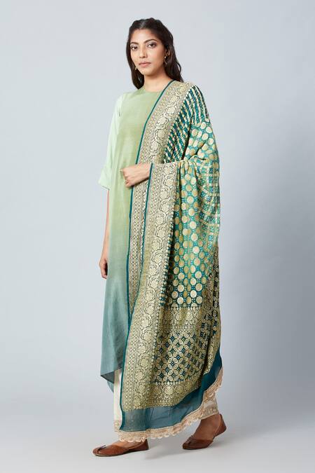 Meghna Panchmatia_Green Silk Zari, Lace, Embroidery Round Ombre Kurta With Woven Bandhej Dupatta _Online_at_Aza_Fashions