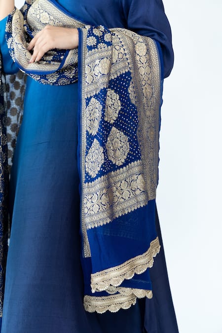 Buy_Meghna Panchmatia_Blue Silk Embroidery, Zari Round Neck Tonal Ombre Kurta With Banarasi Dupatta _Online_at_Aza_Fashions