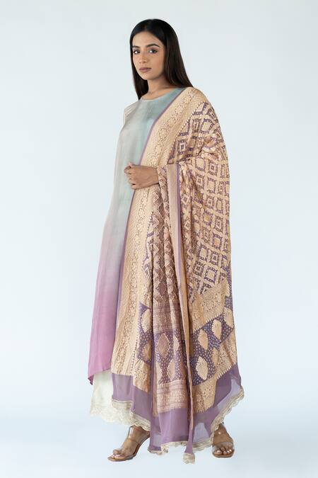 Meghna Panchmatia_Pink Silk Lace, Zari, Embroidery Round Neck Ombre Kurta With Banarasi Dupatta _Online_at_Aza_Fashions