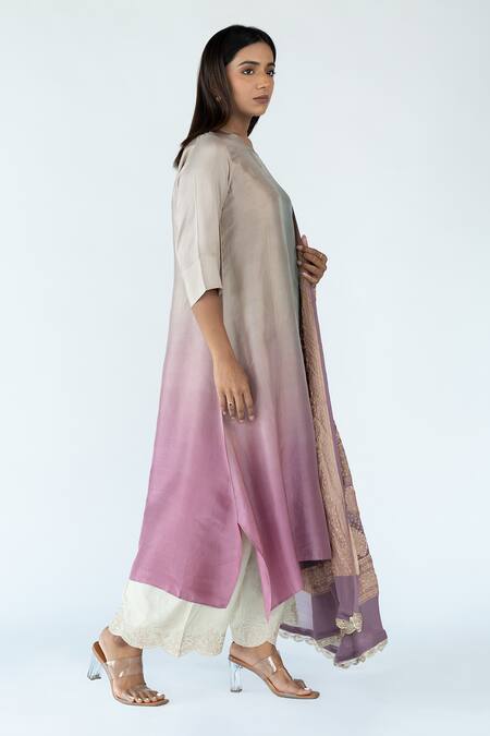 Buy_Meghna Panchmatia_Pink Silk Lace, Zari, Embroidery Round Neck Ombre Kurta With Banarasi Dupatta _Online_at_Aza_Fashions