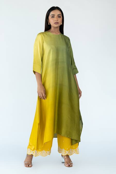 Buy_Meghna Panchmatia_Green Silk Embroidery, Zari Round Ombre Asymmetric Kurta With Banarasi Dupatta _Online_at_Aza_Fashions