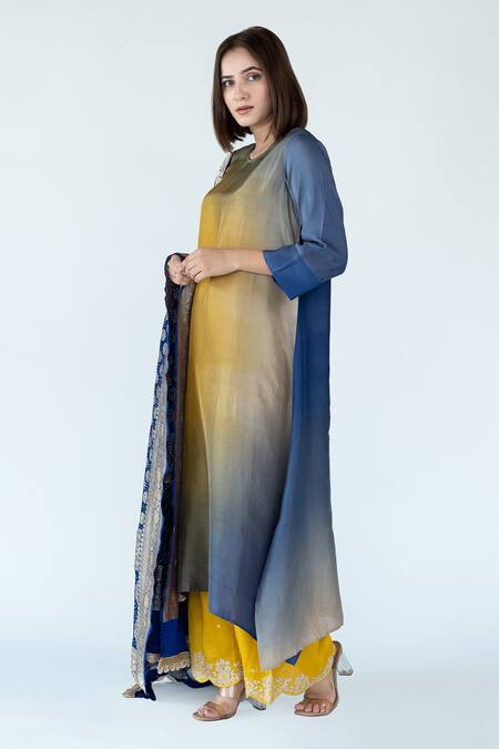 Meghna Panchmatia_Blue Silk Embroidery, Zari Round Neck Ombre Kurta With Floral Banarasi Dupatta _Online_at_Aza_Fashions