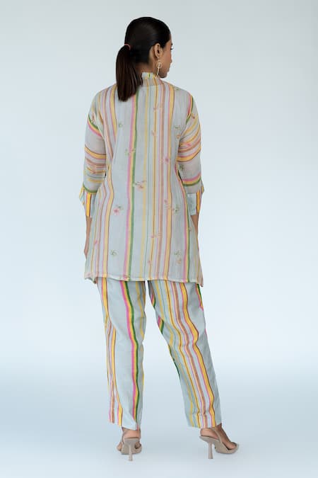 Meghna Panchmatia Striped Blossom Print Top Pant Set 