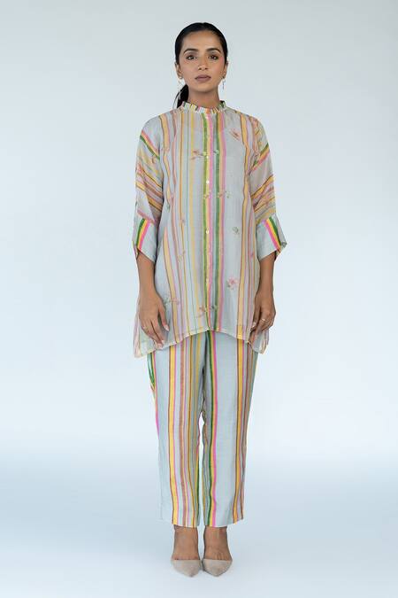 Shop_Meghna Panchmatia_Grey Chanderi, Cotton Embroidery Bandeau Neck Striped Blossom Print Top Pant Set _Online_at_Aza_Fashions