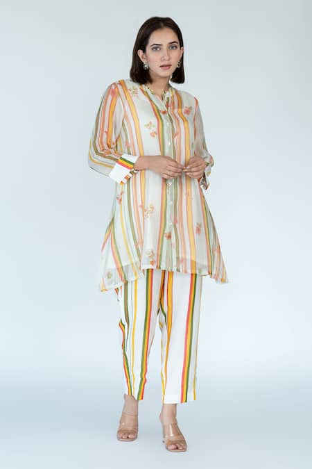 Meghna Panchmatia Ivory Top And Pant Chanderi Print Striped Floral Mandarin Collar Set 