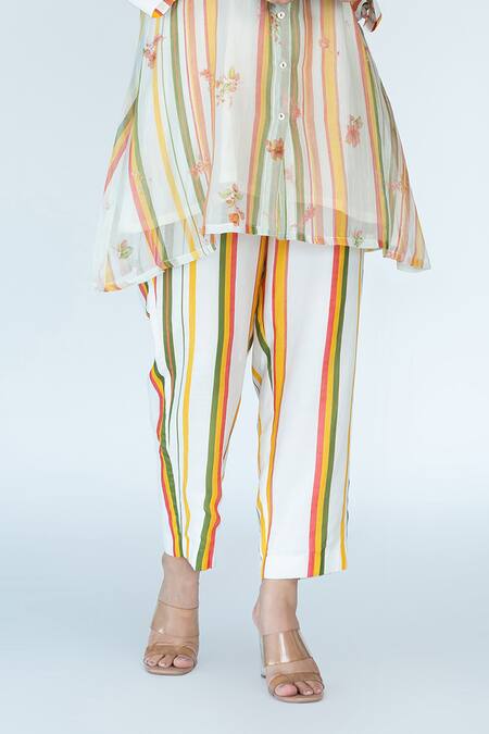 Meghna Panchmatia Ivory Chanderi, Cotton Mandarin Collar Striped Floral Print Top Pant Set Online at Aza Fashions Meghna Panchmatia_Ivory Chanderi, Cotton Mandarin Collar Striped Floral Print Top Pant Set _Online_at_Aza_Fashions