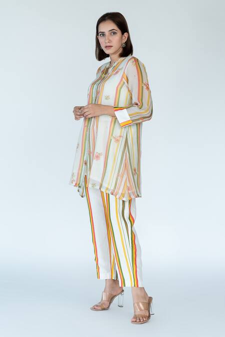 Buy Meghna Panchmatia Ivory Chanderi, Cotton Mandarin Collar Striped Floral Print Top Pant Set Online at Aza Fashions Buy_Meghna Panchmatia_Ivory Chanderi, Cotton Mandarin Collar Striped Floral Print Top Pant Set _Online_at_Aza_Fashions