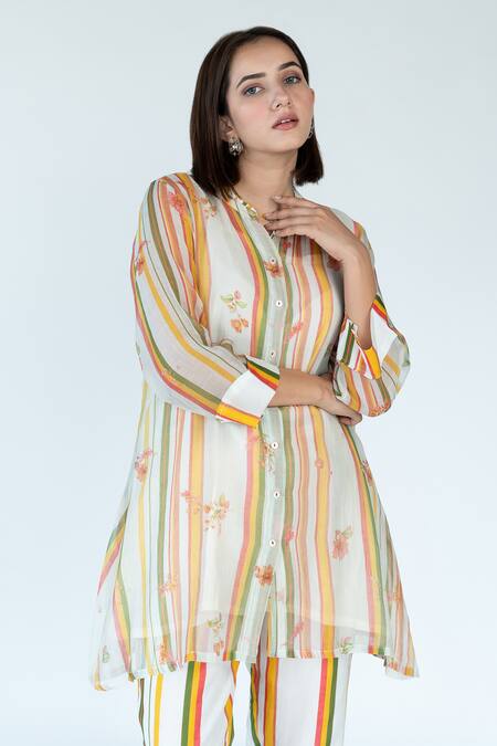 Shop Meghna Panchmatia Ivory Chanderi, Cotton Mandarin Collar Striped Floral Print Top Pant Set Online at Aza Fashions Shop_Meghna Panchmatia_Ivory Chanderi, Cotton Mandarin Collar Striped Floral Print Top Pant Set _Online_at_Aza_Fashions