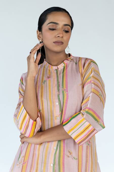 Meghna Panchmatia Pink Chanderi, Cotton Embroidery Mandarin Striped Florence Print Top Pant Set Online at Aza Fashions Meghna Panchmatia_Pink Chanderi, Cotton Embroidery Mandarin Striped Florence Print Top Pant Set _Online_at_Aza_Fashions