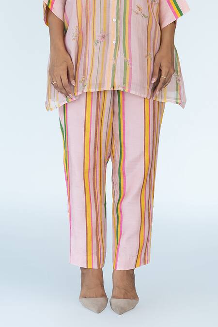 Buy Meghna Panchmatia Pink Chanderi, Cotton Embroidery Mandarin Striped Florence Print Top Pant Set Online at Aza Fashions Buy_Meghna Panchmatia_Pink Chanderi, Cotton Embroidery Mandarin Striped Florence Print Top Pant Set _Online_at_Aza_Fashions