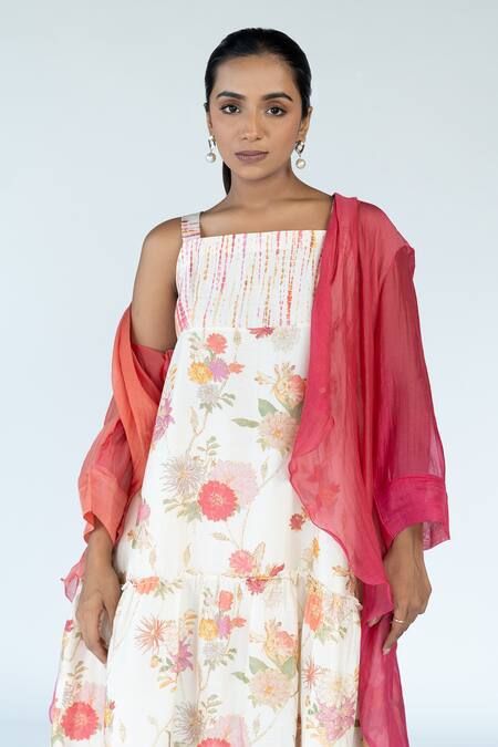 Meghna Panchmatia Ivory Silk, Chanderi Square Neck Floral Garden Print Dress With Cape Online at Aza Fashions Meghna Panchmatia_Ivory Silk, Chanderi Square Neck Floral Garden Print Dress With Cape _Online_at_Aza_Fashions