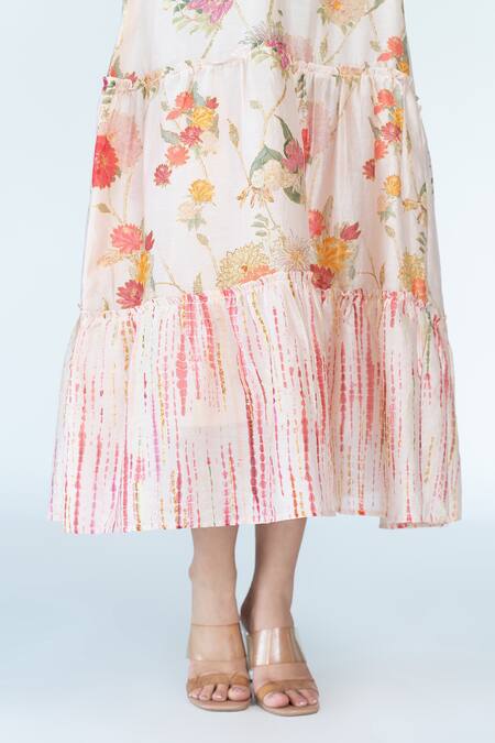 Buy Meghna Panchmatia Ivory Silk, Chanderi Square Neck Floral Garden Print Dress With Cape Online at Aza Fashions Buy_Meghna Panchmatia_Ivory Silk, Chanderi Square Neck Floral Garden Print Dress With Cape _Online_at_Aza_Fashions