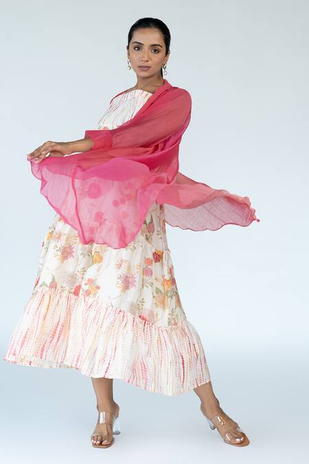 Shop Meghna Panchmatia Ivory Silk, Chanderi Square Neck Floral Garden Print Dress With Cape Online at Aza Fashions Shop_Meghna Panchmatia_Ivory Silk, Chanderi Square Neck Floral Garden Print Dress With Cape _Online_at_Aza_Fashions