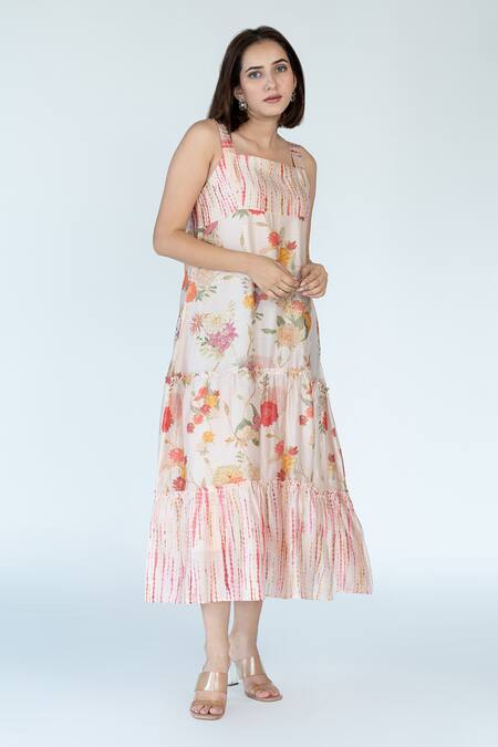 Meghna Panchmatia Ivory Silk, Chanderi Square Neck Floral Garden Print Dress With Cape at Aza Fashions Meghna Panchmatia_Ivory Silk, Chanderi Square Neck Floral Garden Print Dress With Cape _at_Aza_Fashions