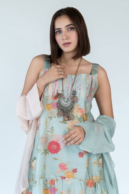 Buy Meghna Panchmatia Blue Silk, Chanderi Square Neck Garden Print Dress With Cape Online at Aza Fashions Buy_Meghna Panchmatia_Blue Silk, Chanderi Square Neck Garden Print Dress With Cape _Online_at_Aza_Fashions