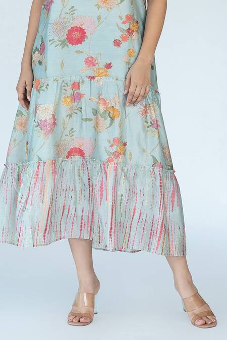 Meghna Panchmatia Blue Silk, Chanderi Square Neck Garden Print Dress With Cape at Aza Fashions Meghna Panchmatia_Blue Silk, Chanderi Square Neck Garden Print Dress With Cape _at_Aza_Fashions