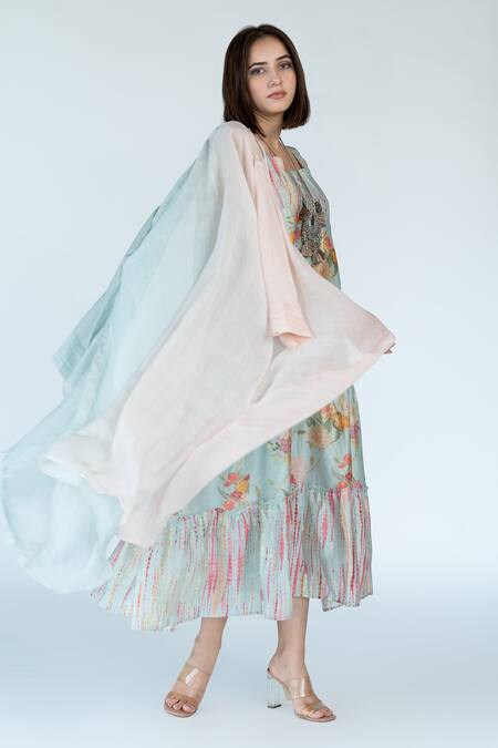 Buy Meghna Panchmatia Blue Silk, Chanderi Square Neck Garden Print Dress With Cape Buy_Meghna Panchmatia_Blue Silk, Chanderi Square Neck Garden Print Dress With Cape