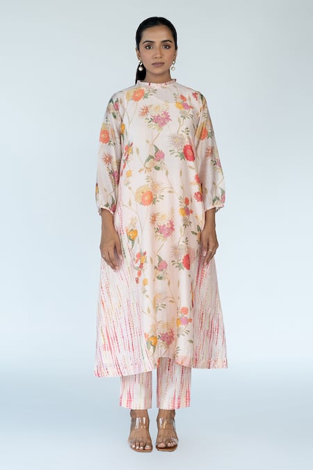 Meghna Panchmatia Gardenia & Shibori Print Kurta Pant Set 