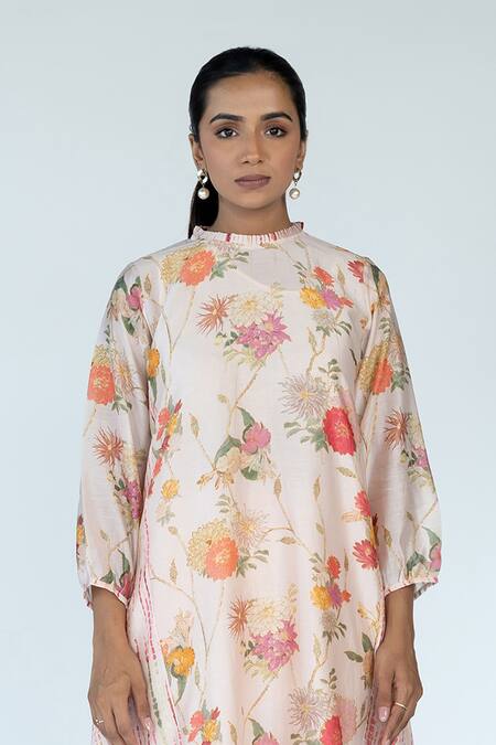 Buy_Meghna Panchmatia_Ivory Chanderi, Cotton Embroidery High Gardenia And Shibori Print Kurta Pant Set _Online_at_Aza_Fashions