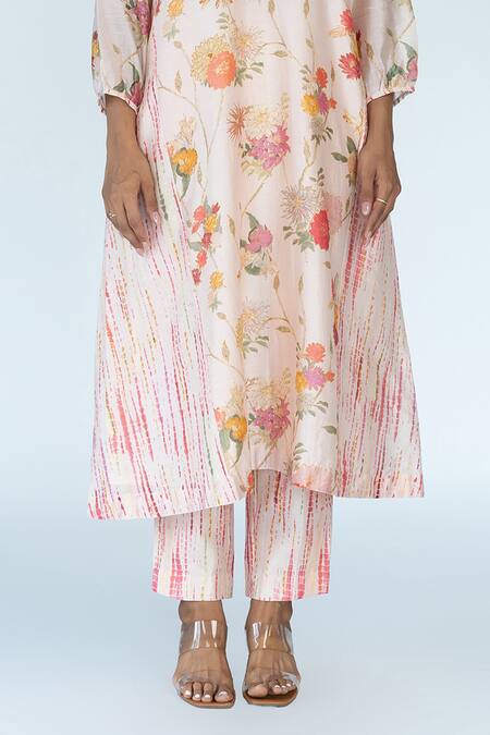 Shop_Meghna Panchmatia_Ivory Chanderi, Cotton Embroidery High Gardenia And Shibori Print Kurta Pant Set _Online_at_Aza_Fashions