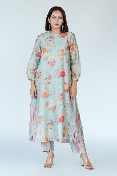 Meghna Panchmatia Blue Top And Pant Chanderi Print Floral Garden High Bloom & Shibori Kurta Set 