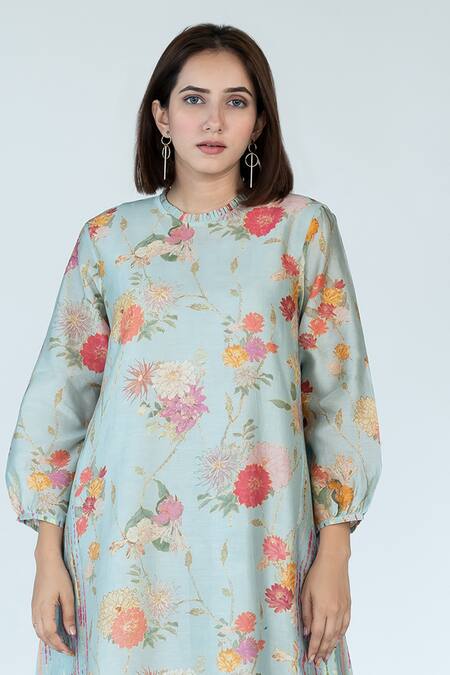 Buy_Meghna Panchmatia_Blue Chanderi, Cotton Embroidery Bloom Garden And Shibori Print Kurta Pant Set _Online_at_Aza_Fashions