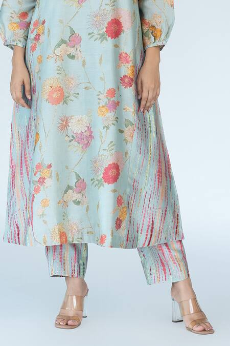 Shop_Meghna Panchmatia_Blue Chanderi, Cotton Embroidery Bloom Garden And Shibori Print Kurta Pant Set _Online_at_Aza_Fashions