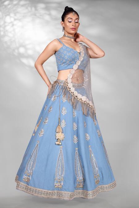 Anita Kanwal_Blue Denim Sequins, Zari Sweetheart Neck Embellished Cape Lehenga Set _at_Aza_Fashions