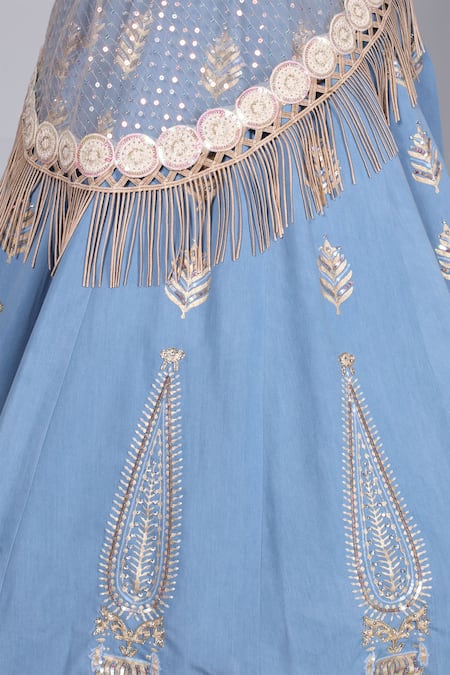 Buy_Anita Kanwal_Blue Denim Sequins, Zari Sweetheart Neck Embellished Cape Lehenga Set 