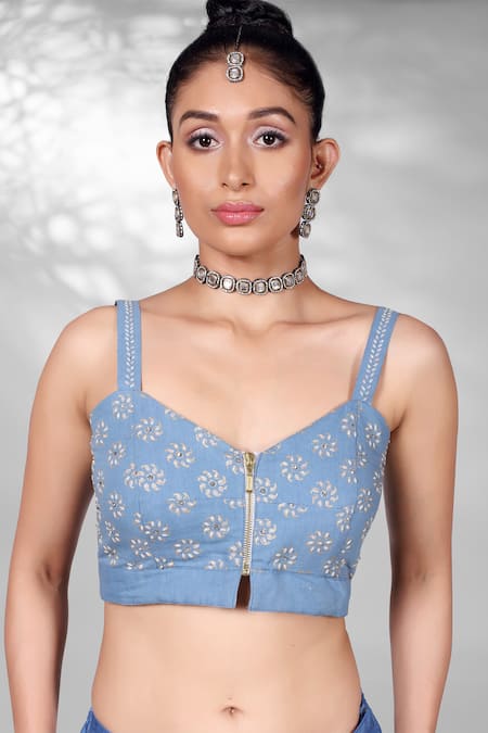 Buy Anita Kanwal Blue Denim Zari, Sequins Sweetheart Neck Embellished Cape Lehenga Set Online at Aza Fashions Buy_Anita Kanwal_Blue Denim Zari, Sequins Sweetheart Neck Embellished Cape Lehenga Set _Online_at_Aza_Fashions