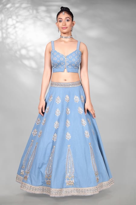 Shop Anita Kanwal Blue Denim Zari, Sequins Sweetheart Neck Embellished Cape Lehenga Set Online at Aza Fashions Shop_Anita Kanwal_Blue Denim Zari, Sequins Sweetheart Neck Embellished Cape Lehenga Set _Online_at_Aza_Fashions