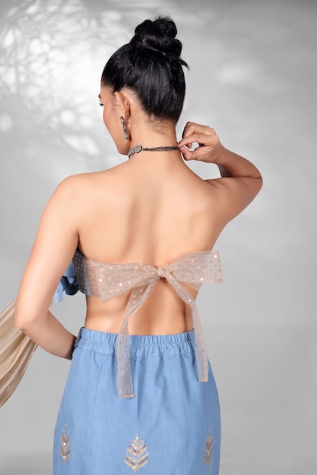 Shop_Anita Kanwal_Blue Soft Fine Denim Embellished Rose Applique Tube Top And Fish Skirt Set _Online_at_Aza_Fashions